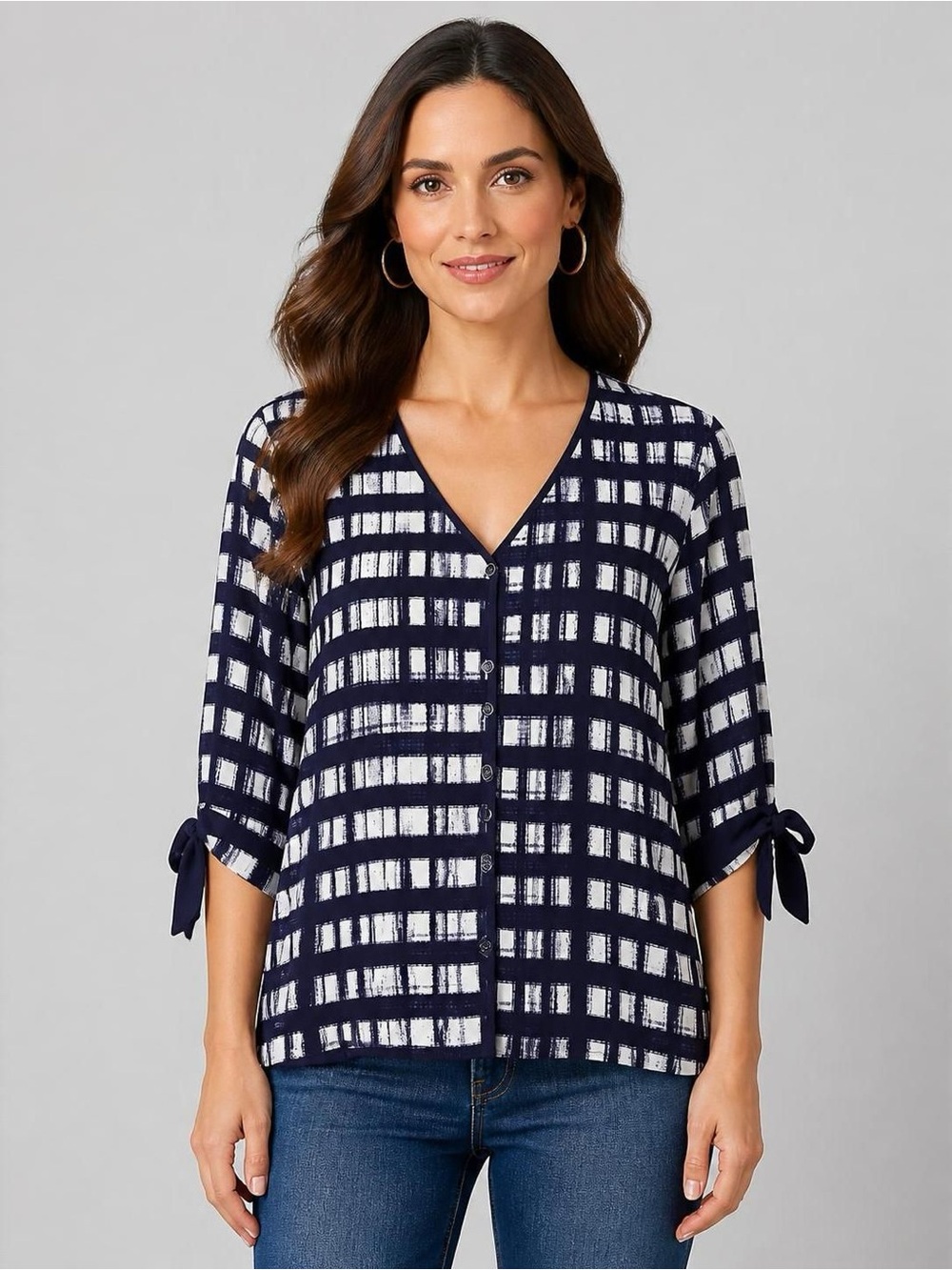 Liz McCoy Navy and White Plaid V-Neck Top